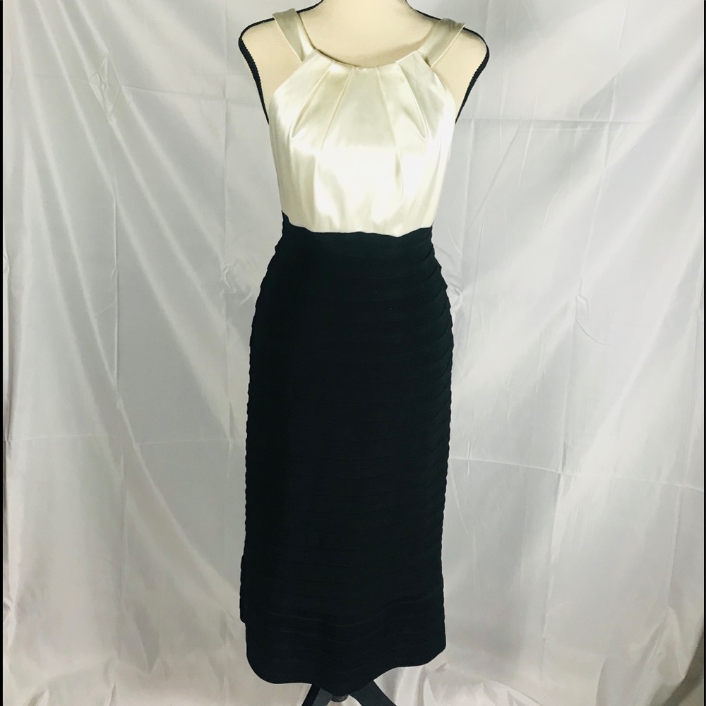 Ivory Satin and Black Pleated Halter Formal Dress